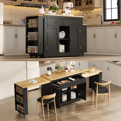 Immagine prodotto di Isola da cucina con 2 piani di lavoro estraibili, prese di corrente, ruote, colore nero