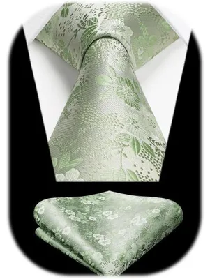 Productafbeelding van Herenset: zijden das met bloemenprint, saliegroen, zakdoek, one size