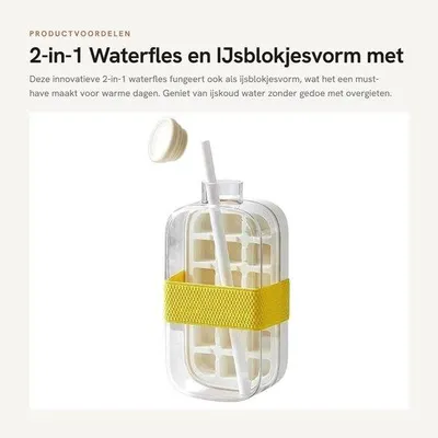 Produktbild von Flasche und Eiswürfelform in einem, mit Deckel