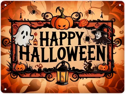 Produktbild von Happy Halloween Metallschild XL in 21x28 cm mit Geistern und Laternen