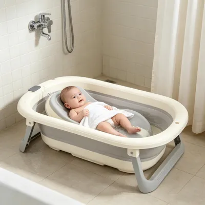 Produktbild von Faltbare Baby Badewanne,Babybadewanne mit Thermometer und Stützkissen Rutschfeste,Babywanne Badebecken Duschwanne für Kleinkinder 0-3 Jahre(Grau)