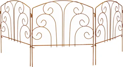 A three-panel garden fence made of rusted metal.