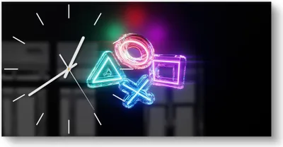 Produktbild von DEQORI Glasuhr 60x30 cm Modern 'Neon Gaming Symbole' Wanduhr Glas Uhr Design leise Küchenuhr