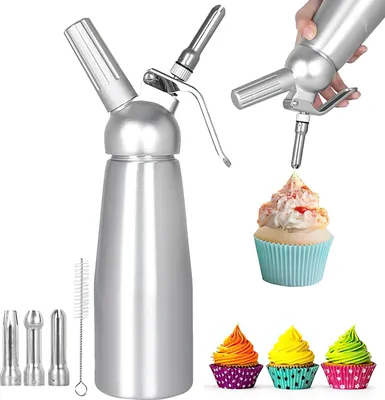 Produktbild von Sahnesyphon Sahnespender Sahnesyphon 500ml Aluminium mit 3 Edelstahl Deko-Düsen für Heiße und Kalte Cremes Schlagsahne Soßen Mousse und Desserts