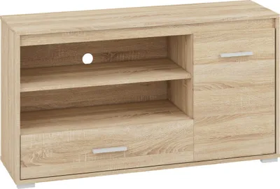 A light wood-colored TV stand with one door, one drawer, and open shelving.