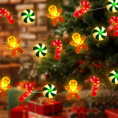 Weihnachts-Lichtkette, 3 m, 30 LEDs, Lebkuchenmann, Zuckerstange
