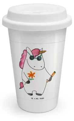 Produktbild von Mr. & Mrs. Panda Thermobecher Einhorn Woodstock - Weiß - Geschenk, Isolierbecher, Joint, Coffee To Go Becher, ToGo Kaffeebecher, Alkohol, Unicorn, Einhörner, Party