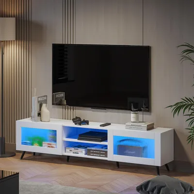 Produktbild von Radelldar TV-Schrank Lowboard mit LED-Beleuchtung, für Fernseher bis zu 70 Zoll, mit 2 Acryltüren, stehend, 160cm, Weiß
