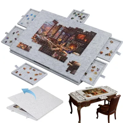 Produktbild von Juksun Puzzlebrett Puzzletisch Puzzle Plattform 77x53.6cm Filz silbergrau mit 6 Schubladen für 1000 Teile Ständer