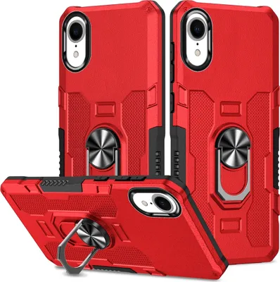 Image de coque iPhone XR, coque double couche durable avec support d'anneau et socle pour iPhone XR rouge