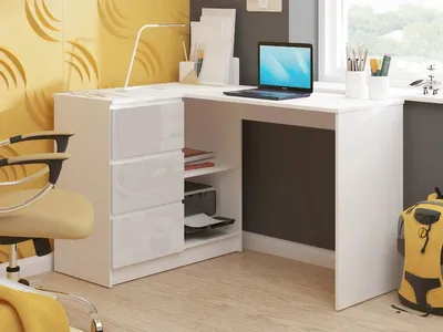 Immagine prodotto di Scrivania angolare da 124 cm con 3 cassetti, scrivania per computer a forma di L, mobile angolare a 2 scomparti