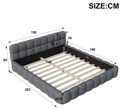 Immagine prodotto di Letto imbottito - Letto matrimoniale - 140 x 190 cm - Rivestimento in lino - Struttura a listelli - Grigio - Design moderno