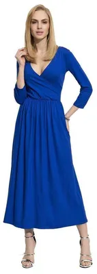 Produktbild von Damen Mittellanges Wickelkleid Raffungen V-Ausschnitt 3/4 Ärmel; Blau/S (36)