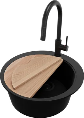Produktbild von PRIMAGRAN Granitspüle Alles Schwarz 53x53cm, Spülbecken Rund 1 Becken + Ablauf-Set + Küchenzubehörset, Küchenspüle ab 50er Unterschrank - Pisa Max
