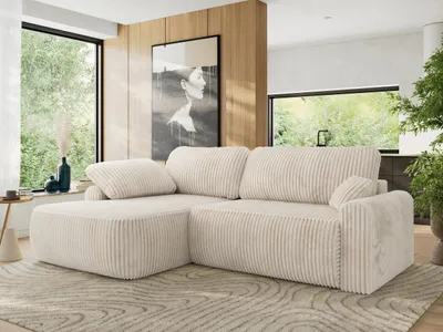 Produktbild von MKS MEBLE Ecksofa CUBO L-form, lose Kissen, Ecksofa 273x187x100 cm mit Schlaffunktion, Bettkasten - Beige Cord - Links Seite