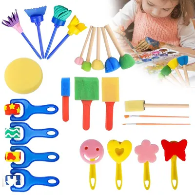 Produktbild von 32 Stücke Schwamm Pinsel Set Kinder, Malutensilien Kinder, Schwammpinsel, Früherziehung Malwerkzeuge Set, DIY-Handmalerei-Werkzeuge