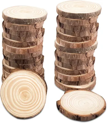 Produktbild von 18 Holzscheiben, Durchmesser 7-10 cm, ohne Loch, aus Baumstämmen, rund, zum Basteln geeignet, runde Holzscheiben, Untersetzer, Holzlogo