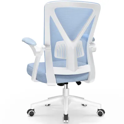 A rear view of a light blue and white ergonomic office chair with a mesh back and adjustable armrests, presented on a white background.