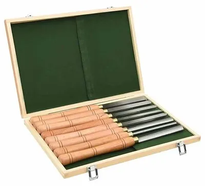 Imagen del producto de Juego de 8 herramientas de torneado de acero de alta velocidad (HSS), ideal para tornos, con una longitud de hoja de 168 mm, y un juego de mangos de madera para trabajos de torneado