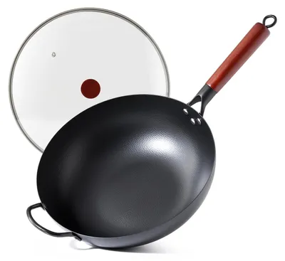 Kohlenstoffstahl-Wok 32 cm, flacher Boden, mit Deckel