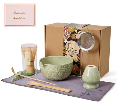 Obrázek produktu pro Sada pro přípravu matcha čaje, 8 dílů, včetně keramické misky, bambusové metličky (chasen) a příslušenství, barva: zelená s melírem