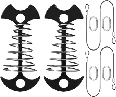 Produktbild von Set mit 2 Fischgräten-Brückenheringen – rostfreies Set, 2 Seile + 4 Karabinerhaken, für Gartentische/Grills