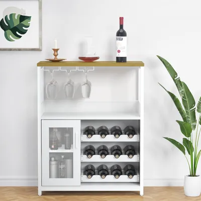 Image de Bar "Barek na Wino", meuble bar avec étagère à verres et éclairage LED, style industriel/loft (blanc), idéal pour la cuisine et le salon