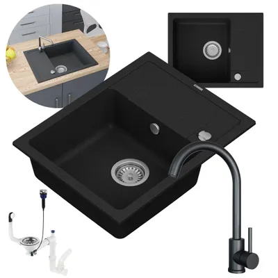 Produktbild von GRANMASTER SMART Granitspülbecken Komplett-Set mit Schwarzer Edelstahl-Küchenarmatur, Automatischem Syphon und Imprägniermittel – 1-komorige Spüle