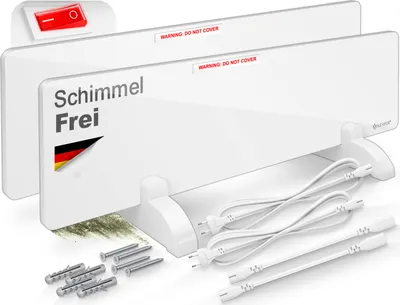Two white infrared heating panels with German flag and text, along with mounting hardware and power cords.
