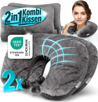 Produktbild von Reisekissen - 2in1 Memory Foam Nackenkissen Stützkissen,Nackenhörnchen, 37x27 cm - Travel Pillow für Flugzeug, Camping, Reise - Ergonomisches Kopfkissen mit Microperlen (Grau 2er Set)