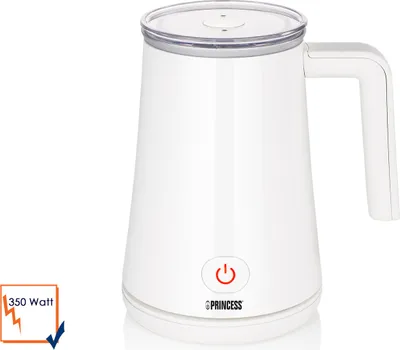 A white Princess brand milk frother with a transparent lid and a handle, shown from the front on a white background. There is a power button icon on the front, and text indicating '350 Watt' in the bottom left corner.
