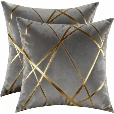 Produktbild von Set mit 2 Samtkissenbezügen, goldene Linienzeichnung, 45 x 45 cm, grau, dekorative Kissenbezüge für Sofa, Schlafzimmer oder Sessel