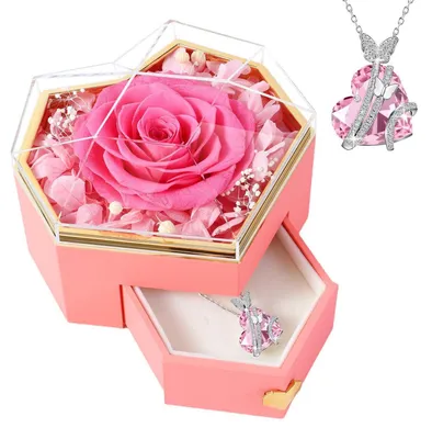 Produktbild von Ewige Rose Geschenkbox mit Kette Rosa für Frauen, Konservierte echte Rose, Schmuckschatulle