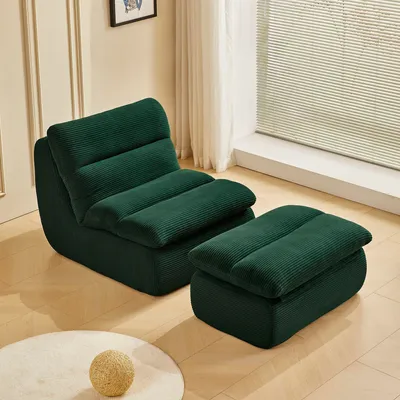 Obrázek produktu pro MODFU Rozkládací postel s podnožkou, klasický Lazy sofa s odnímatelným opěradlem a polštářem, indoor polštář, skládací meditační křeslo, kordový látka, zelená