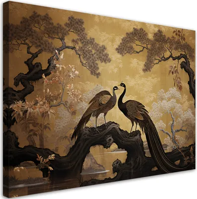 Produktbild von Leinwandbild Pfauen Bonsaibaum 120x80 Feeby Beige bild für die wand bereit zum aufhängen
