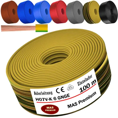 Imagen del producto de Cable de conexión de 100 metros, tipo H07 V-K, color verde y amarillo, con un solo conductor, flexible, de 1x6 mm²