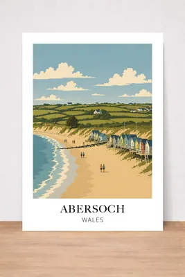 Wandkunst A4 – Vintage Reise-Poster Abersoch Wales Strandhütten
