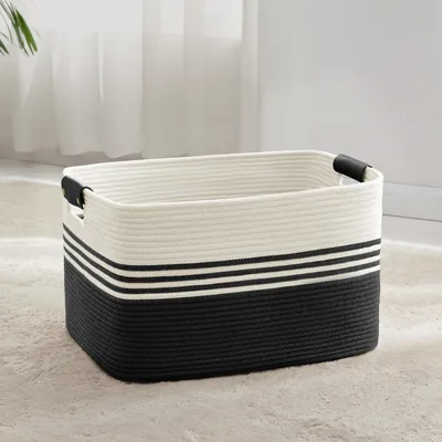 Image de Panier à linge tressé, grande taille, 60 litres, corde en coton, poignées en cuir, blanc et noir, dimensions : 53 x 38 x 29 cm