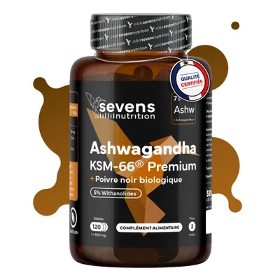 Image de Gélules d'ashwagandha KSM-66 600 mg, 5 % de withanolides et de pipérine, 120 gélules – Sevens
