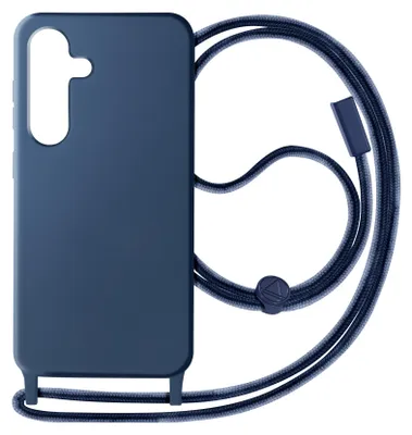 A dark blue phone case with a dark blue lanyard is shown against a white background.