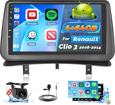 Obrázok produktu pre 2 DIN autorádio s 4+64G pamäte pre Renault Clio 3 (2008-2014), s bezdrôtovým Carplay a Android Auto, 9-palcový dotykový displej, funkcie MirrorLink, Bluetooth a WiFi