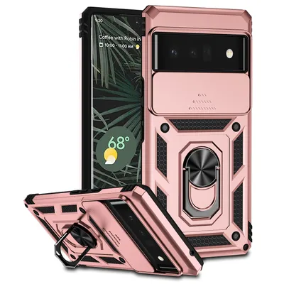 Immagine prodotto di Custodia per Google Pixel 6 Pro a doppio strato con copertura scorrevole per la fotocamera e supporto ad anello Rosa