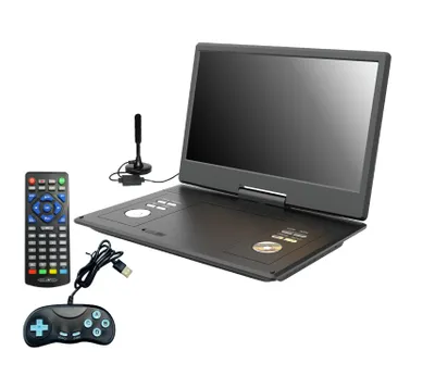 A portable DVD player with its accessories laid out on a white background.
