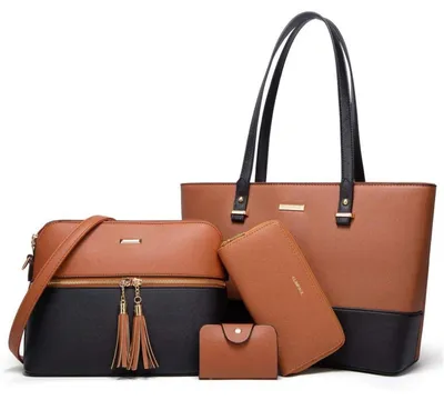 Productafbeelding van Damen handtasset, 4-delig: shopper, schoudertas, portemonnee, kaarthouder, bruin-zwart, kunstleer