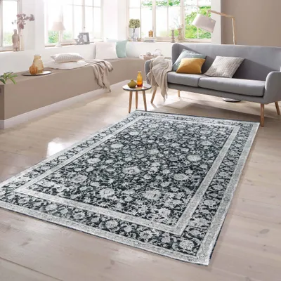 Produktbild von Moderner Teppich in orientalisches Blumendesign in Grau auf Schwarz Größe - 80 x 150 cm