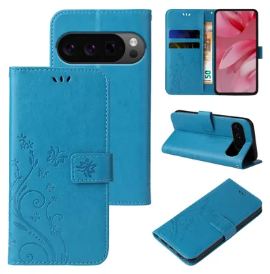Produktbild von Handyhülle für Google Pixel 10 Pro Floral Blumen Schmetterling Flip Cover Hülle Case Klapphülle Handytasche Farbe: Blau