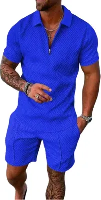 Produktbild von ASKSA Herren Sommer Trainingsanzug Polo Hemd Set Kurzarm T-Shirts und Shorts Outfit Freizeitanzug, Blau, Groesse: L