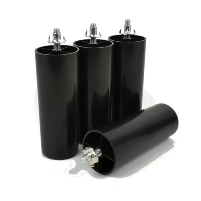 Image de Lot de 4 pieds de meuble en plastique noir M8 x 25 mm, hauteur 130 mm, avec 4 écrous à enfoncer M8 x 11 mm, pieds de meuble pour canapé, lit et armoire
