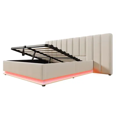 Produktbild von Flieks Hydraulisches Polsterbett 180x200cm mit Ladefunktion, Doppelbett Boxspringbett Jugendbett mit LED, Stauraumbett mit Lattenrost, Leinen, Beige