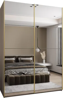 A bedroom scene with a large mirrored wardrobe reflecting the bed and surrounding decor.